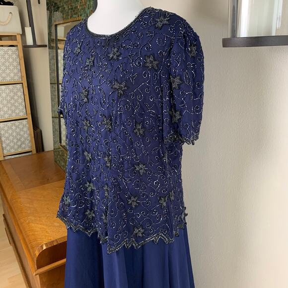 Vintage Stenay Plus Size 14 Women's Beaded Long Dress Blue Cocktail Formal - Picture 3 of 10